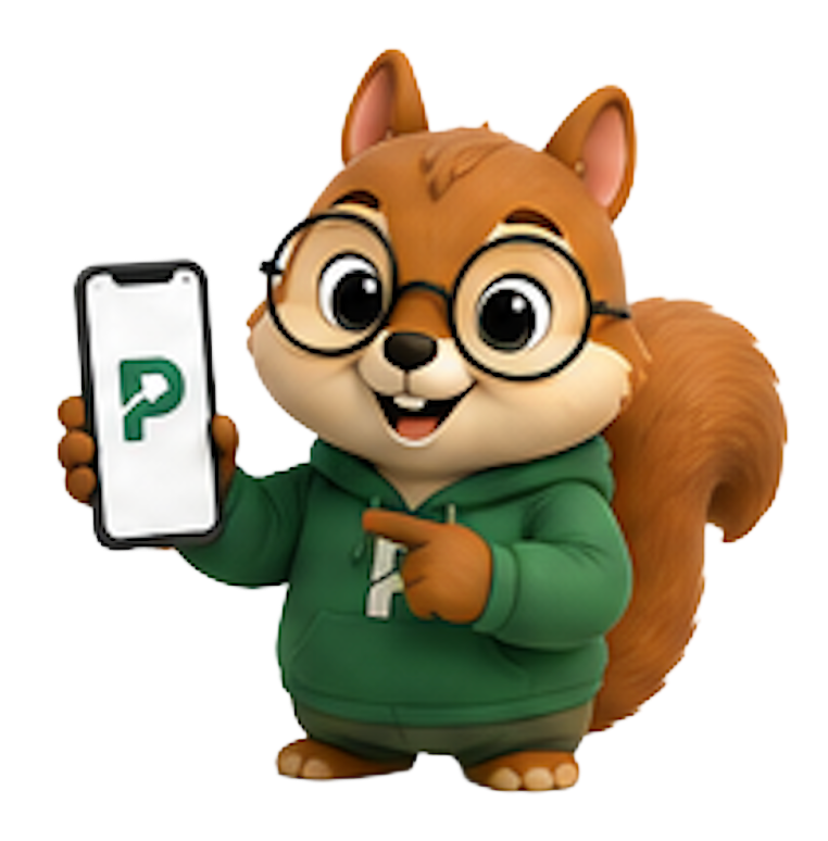 Patri, la ardilla de aiPatri, sosteniendo un móvil con la app